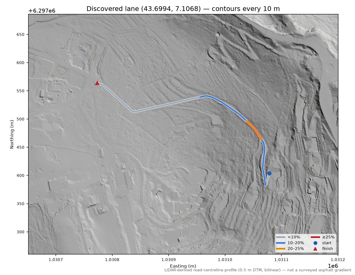 Discovered lane (43.6994, 7.1068) LiDAR hillshade map with contours