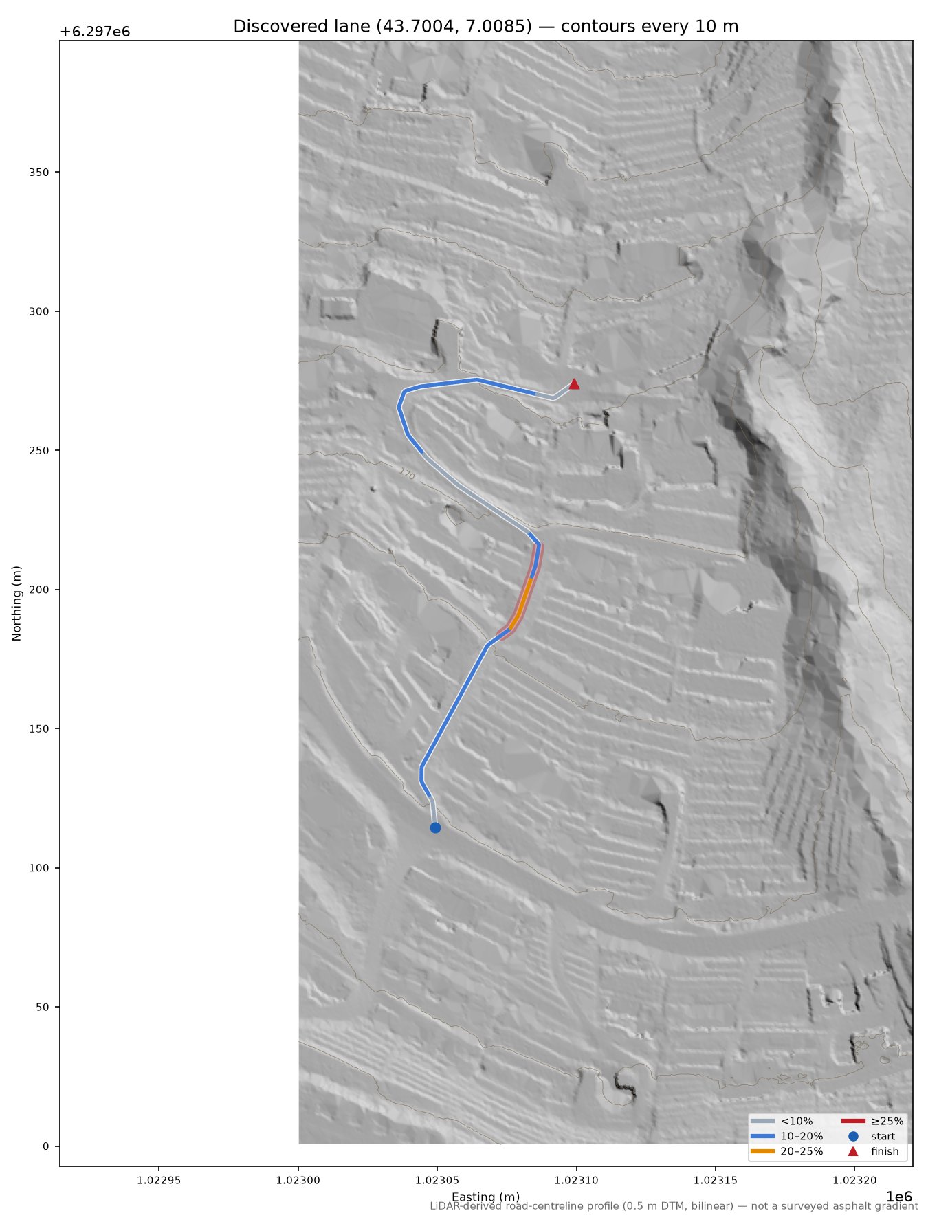 Discovered lane (43.7004, 7.0085) LiDAR hillshade map with contours