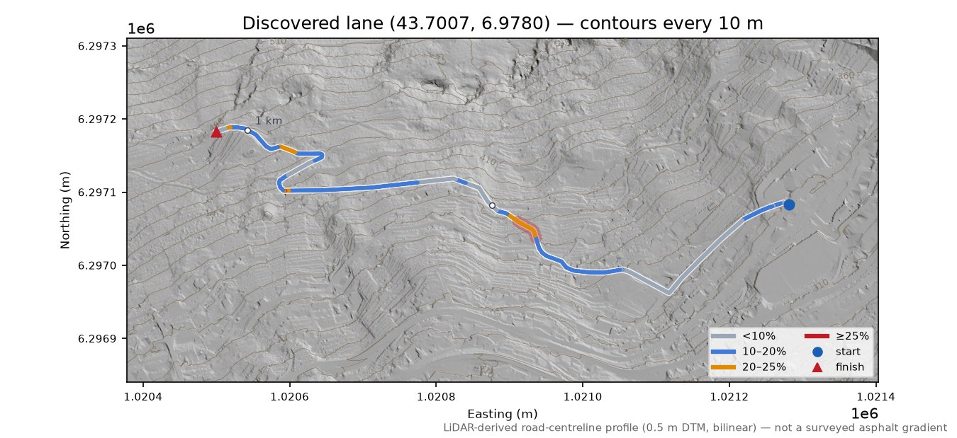 Discovered lane (43.7007, 6.9780) LiDAR hillshade map with contours
