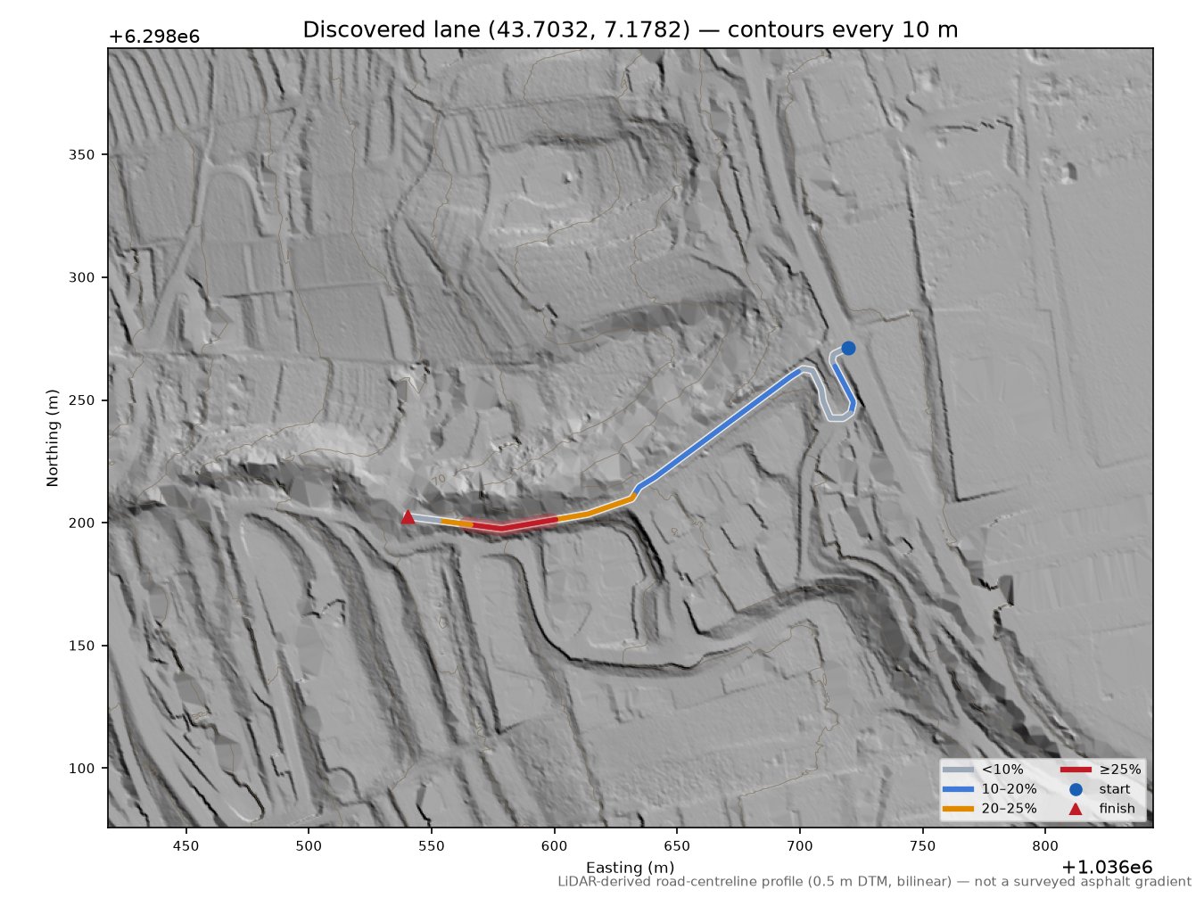 Discovered lane (43.7032, 7.1782) LiDAR hillshade map with contours