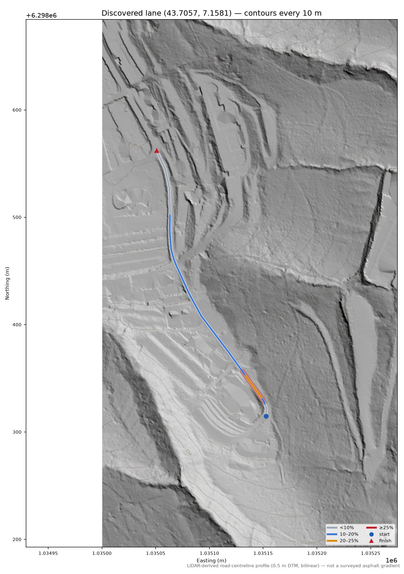 Discovered lane (43.7057, 7.1581) LiDAR hillshade map with contours