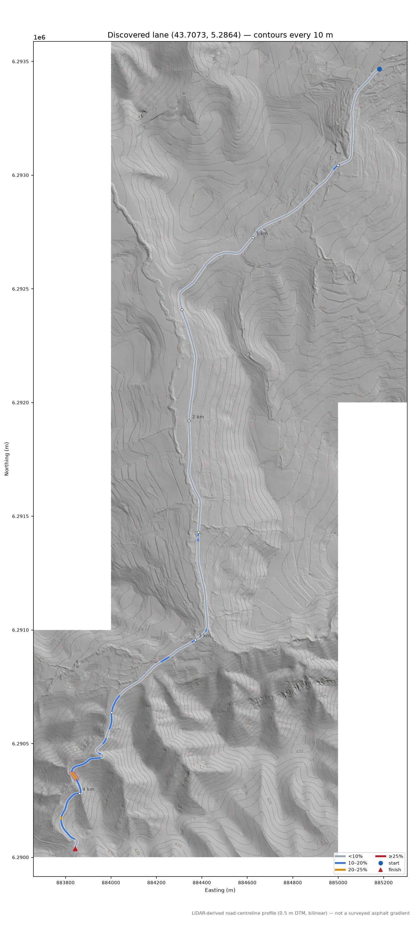 Discovered lane (43.7073, 5.2864) LiDAR hillshade map with contours