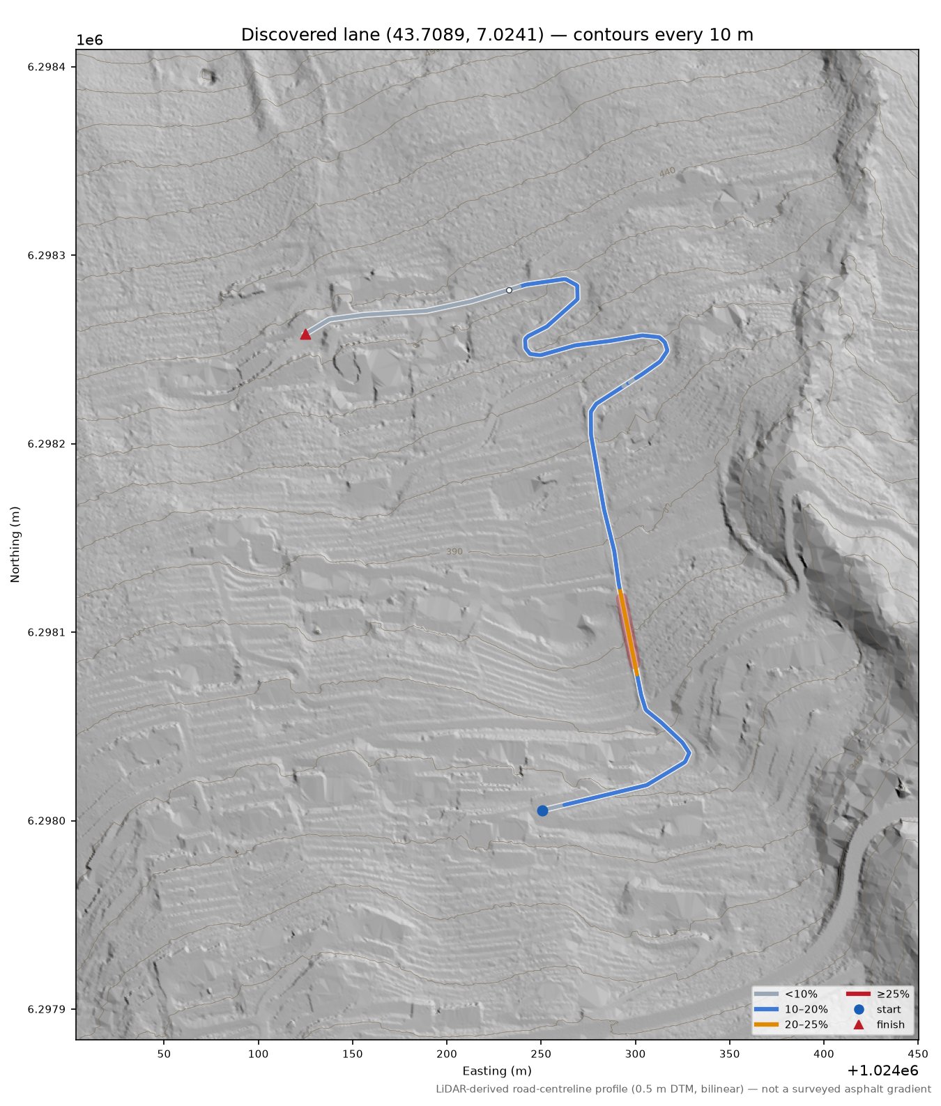 Discovered lane (43.7089, 7.0241) LiDAR hillshade map with contours
