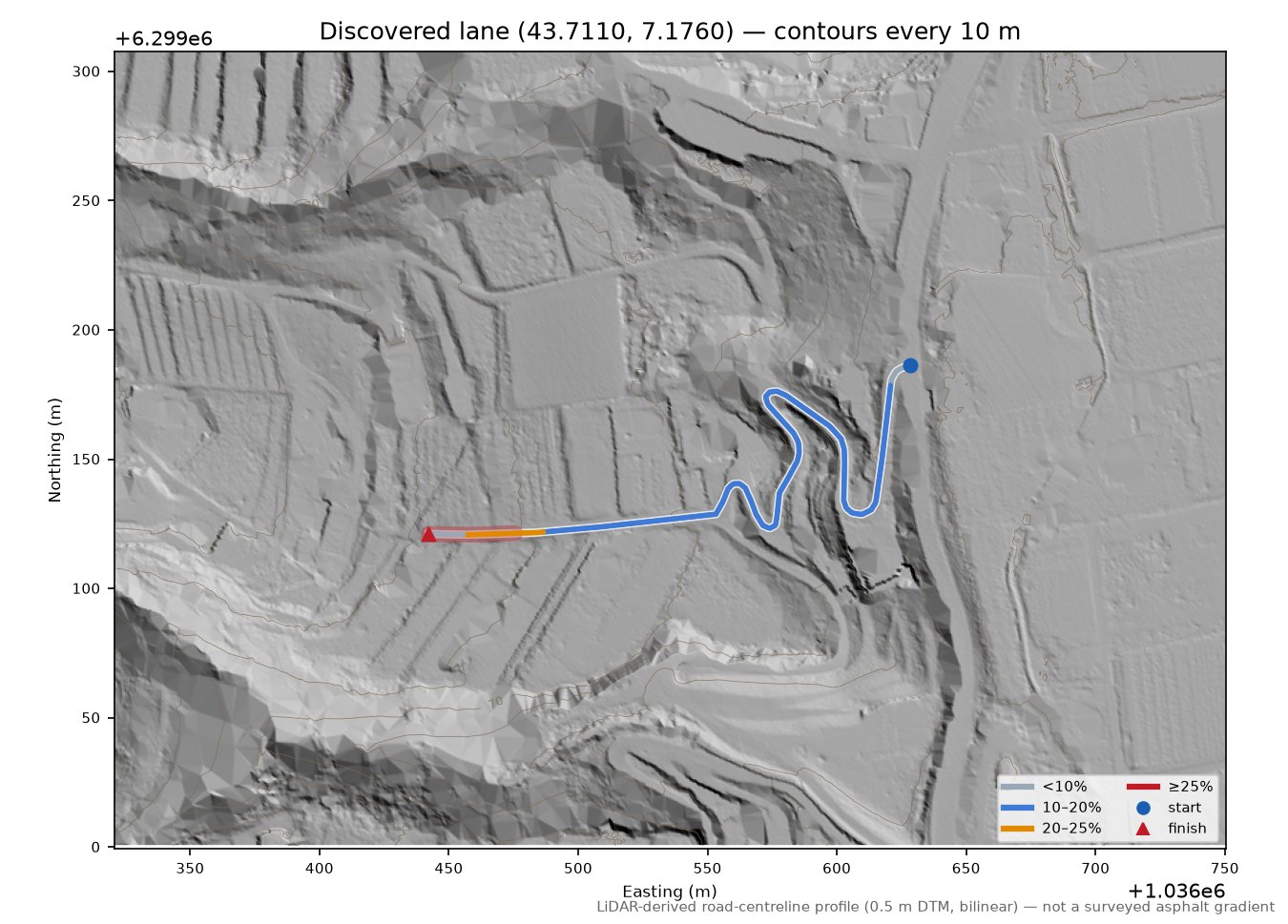 Discovered lane (43.7110, 7.1760) LiDAR hillshade map with contours