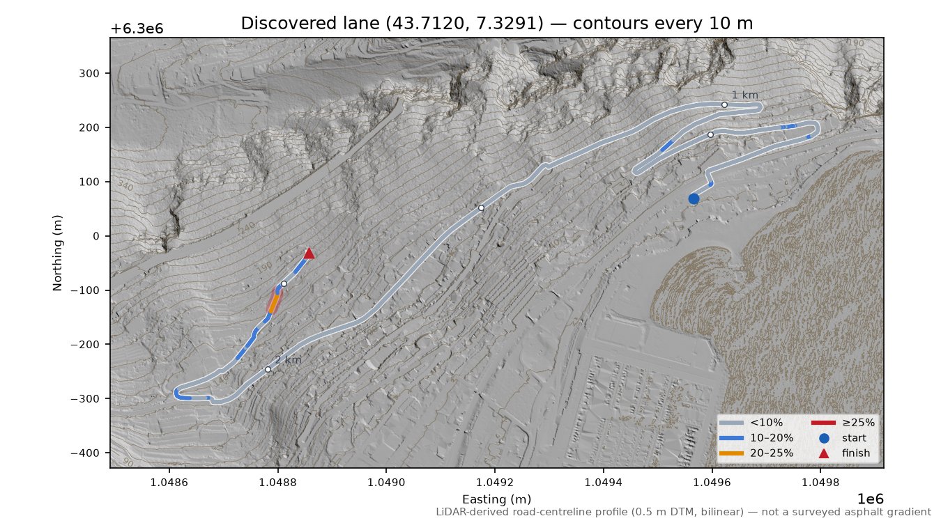 Discovered lane (43.7120, 7.3291) LiDAR hillshade map with contours