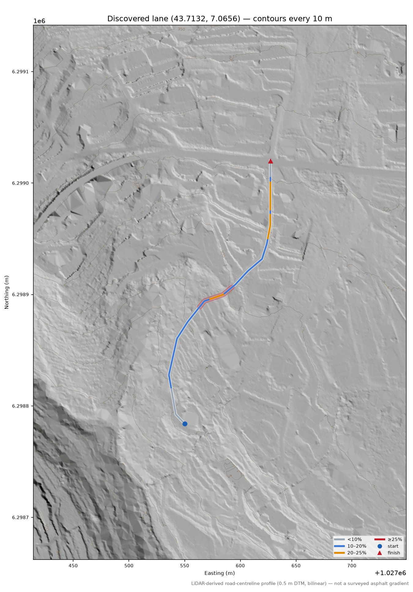 Discovered lane (43.7132, 7.0656) LiDAR hillshade map with contours