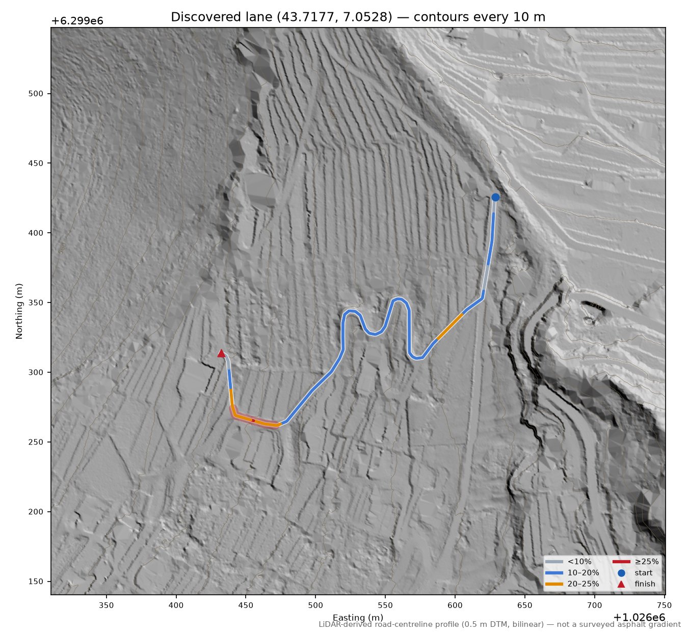 Discovered lane (43.7177, 7.0528) LiDAR hillshade map with contours