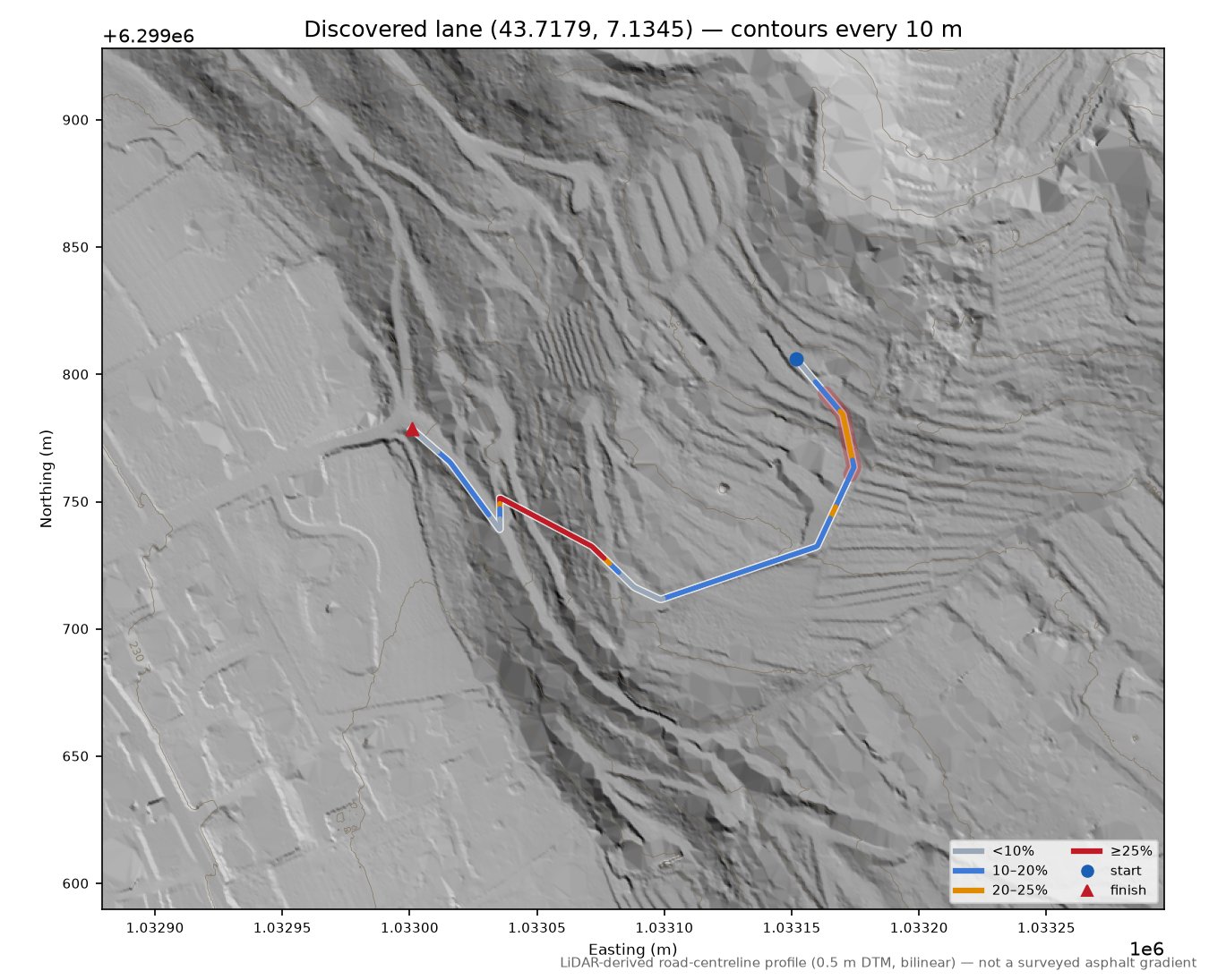 Discovered lane (43.7179, 7.1345) LiDAR hillshade map with contours