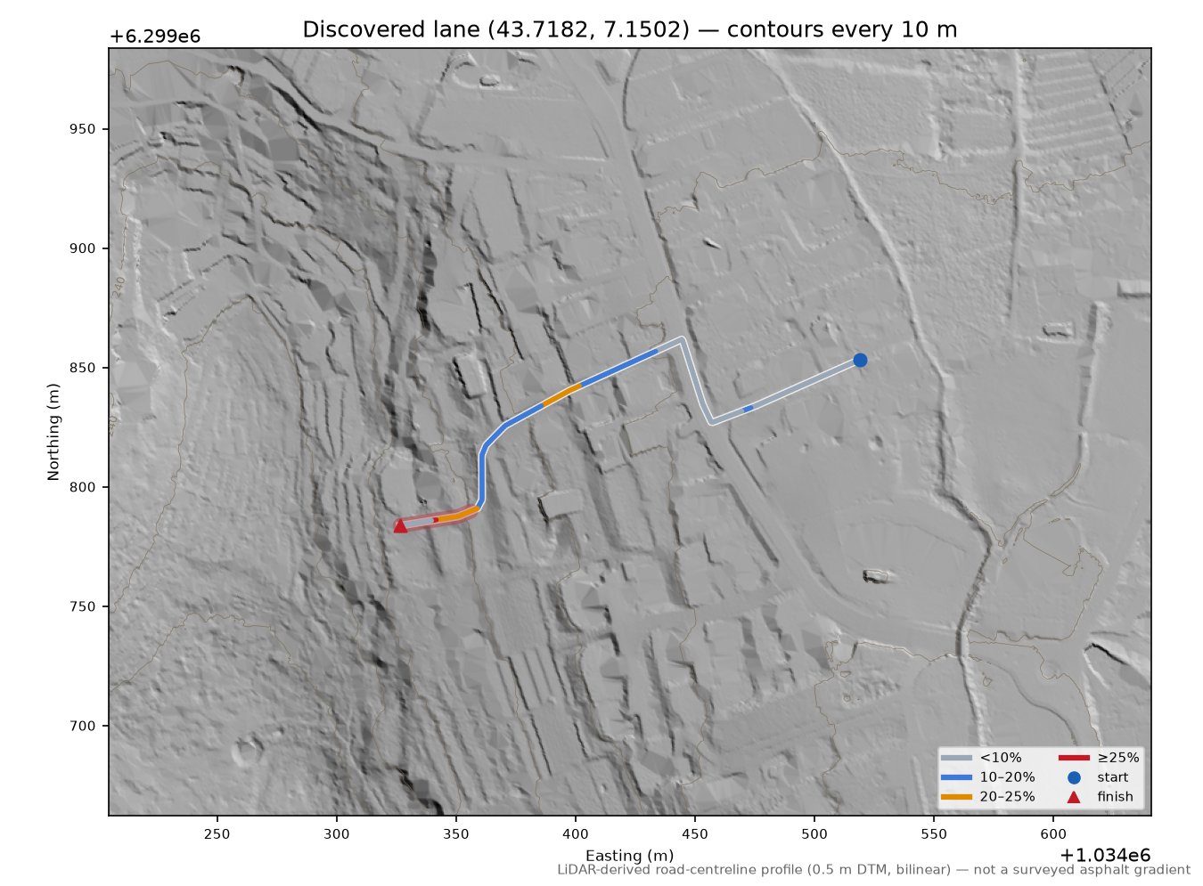 Discovered lane (43.7182, 7.1502) LiDAR hillshade map with contours