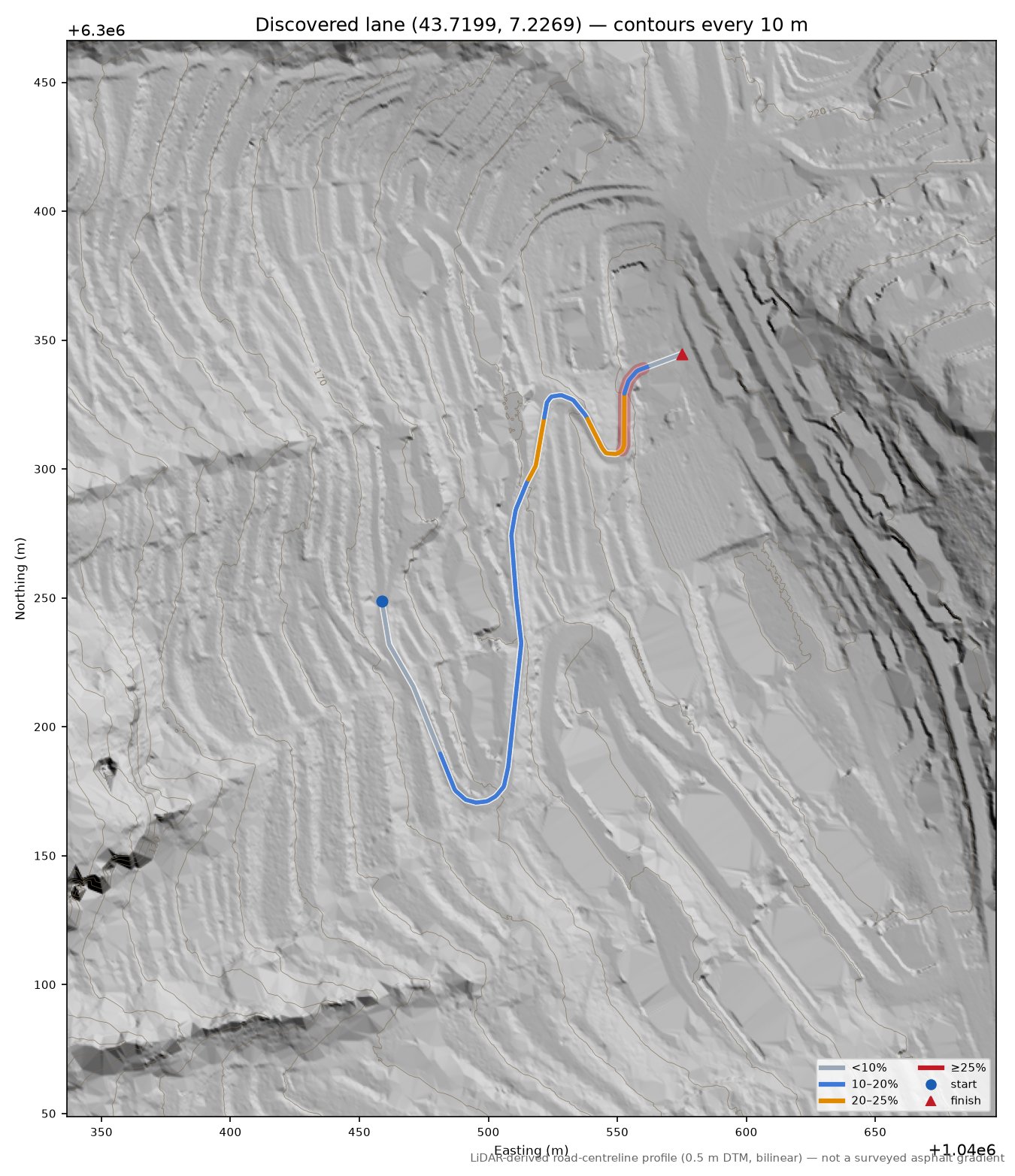 Discovered lane (43.7199, 7.2269) LiDAR hillshade map with contours