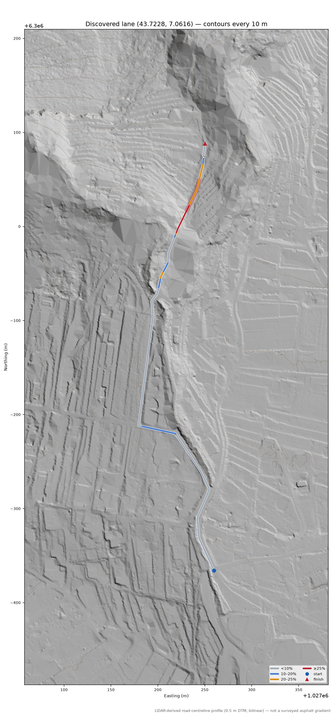 Discovered lane (43.7228, 7.0616) LiDAR hillshade map with contours