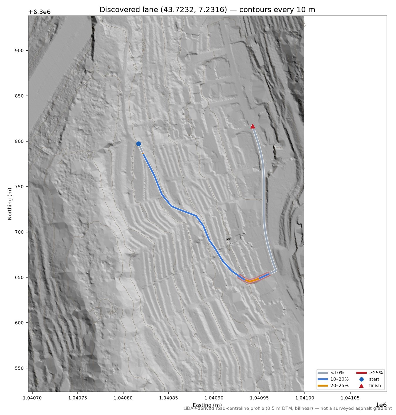 Discovered lane (43.7232, 7.2316) LiDAR hillshade map with contours
