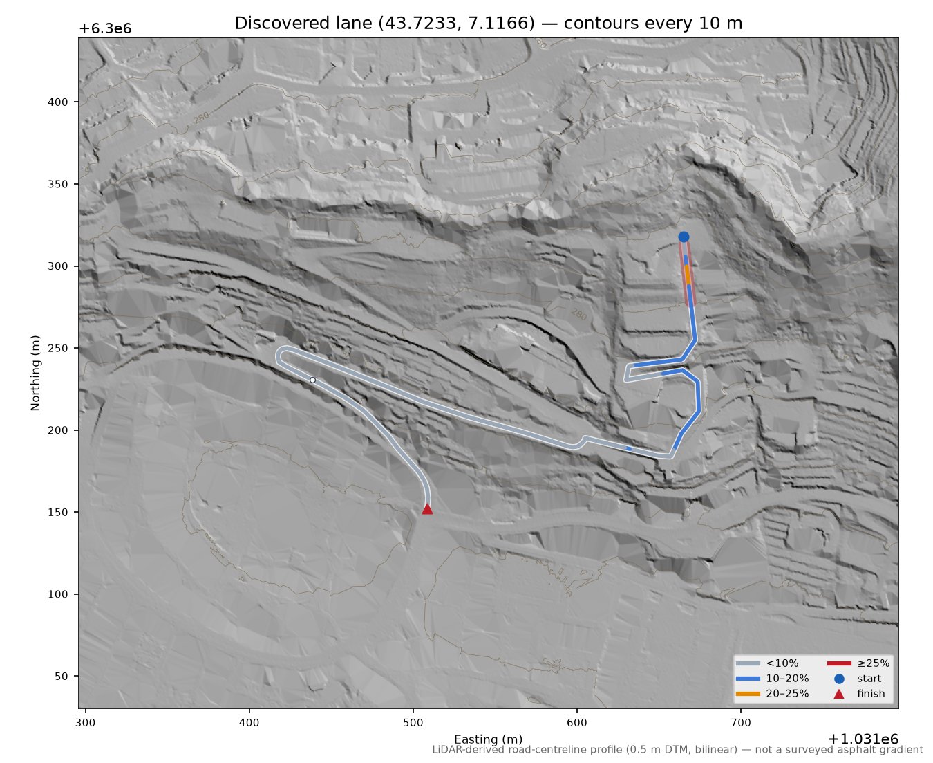 Discovered lane (43.7233, 7.1166) LiDAR hillshade map with contours