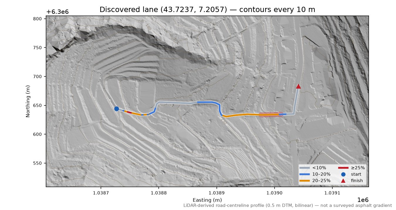Discovered lane (43.7237, 7.2057) LiDAR hillshade map with contours