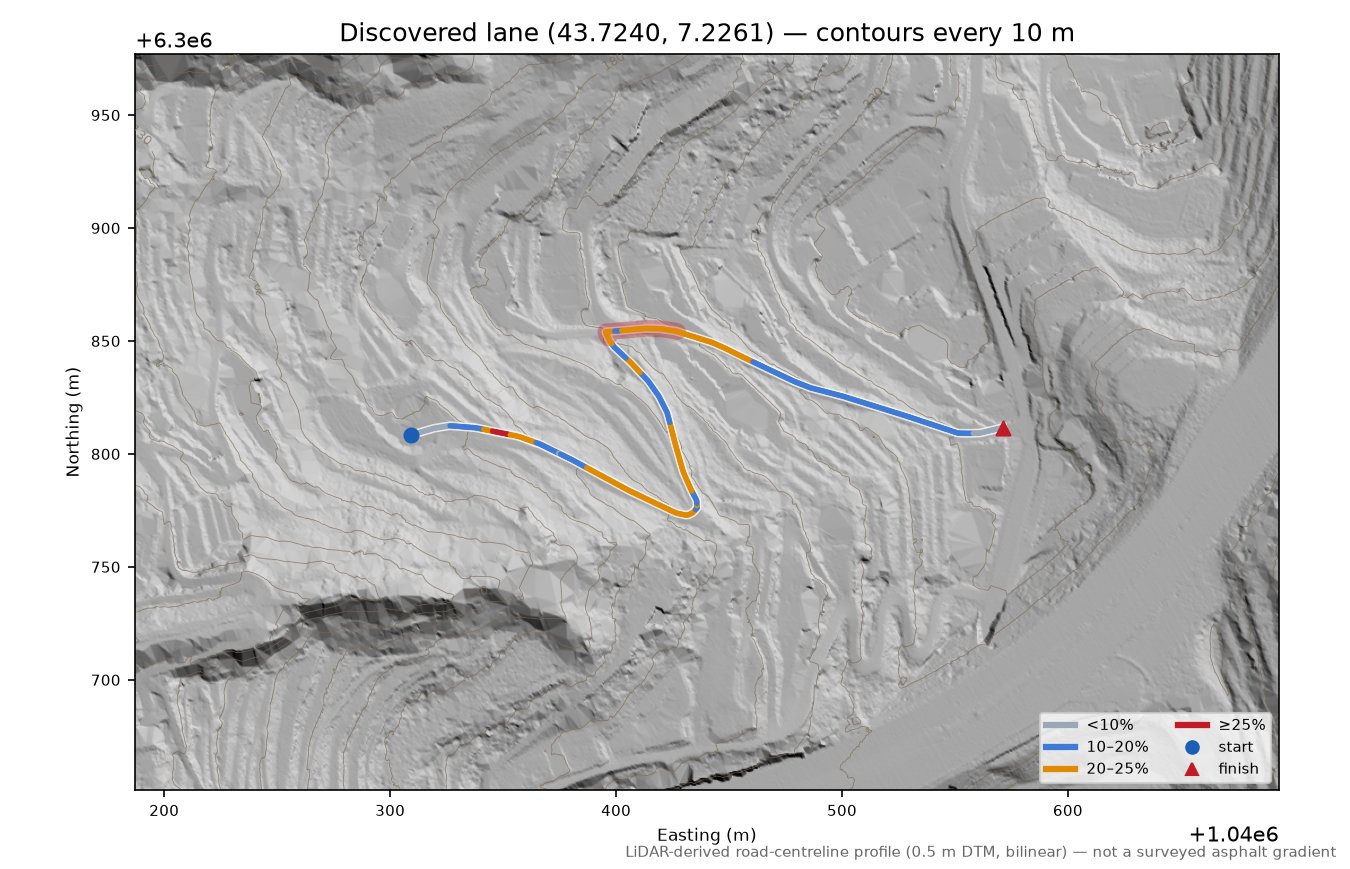 Discovered lane (43.7240, 7.2261) LiDAR hillshade map with contours