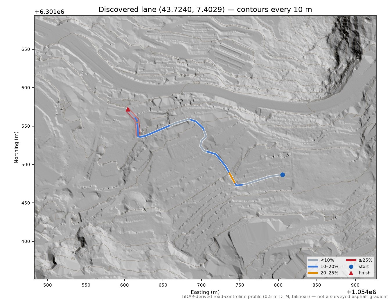 Discovered lane (43.7240, 7.4029) LiDAR hillshade map with contours