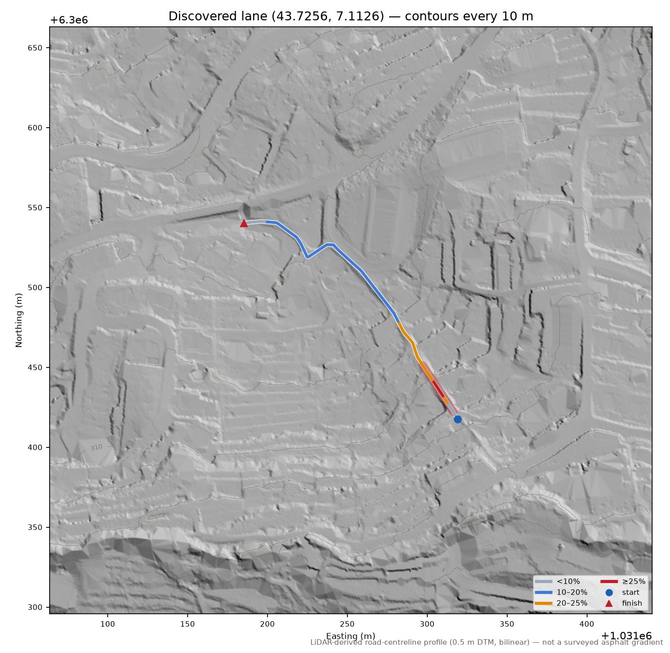 Discovered lane (43.7256, 7.1126) LiDAR hillshade map with contours
