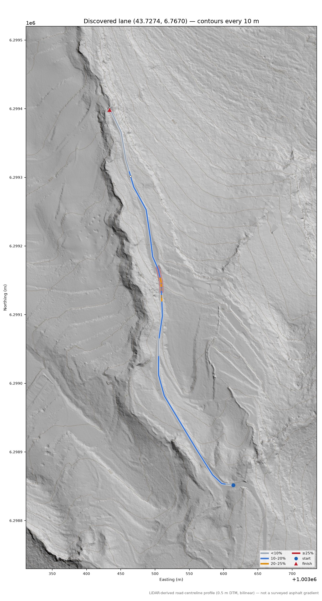 Discovered lane (43.7274, 6.7670) LiDAR hillshade map with contours