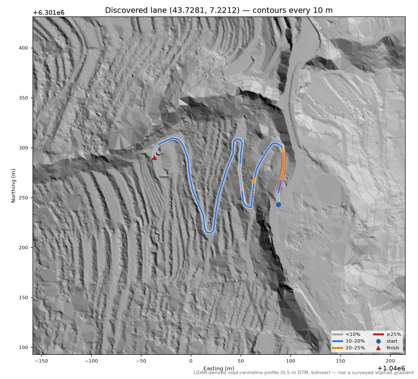 Discovered lane (43.7281, 7.2212) LiDAR hillshade map with contours