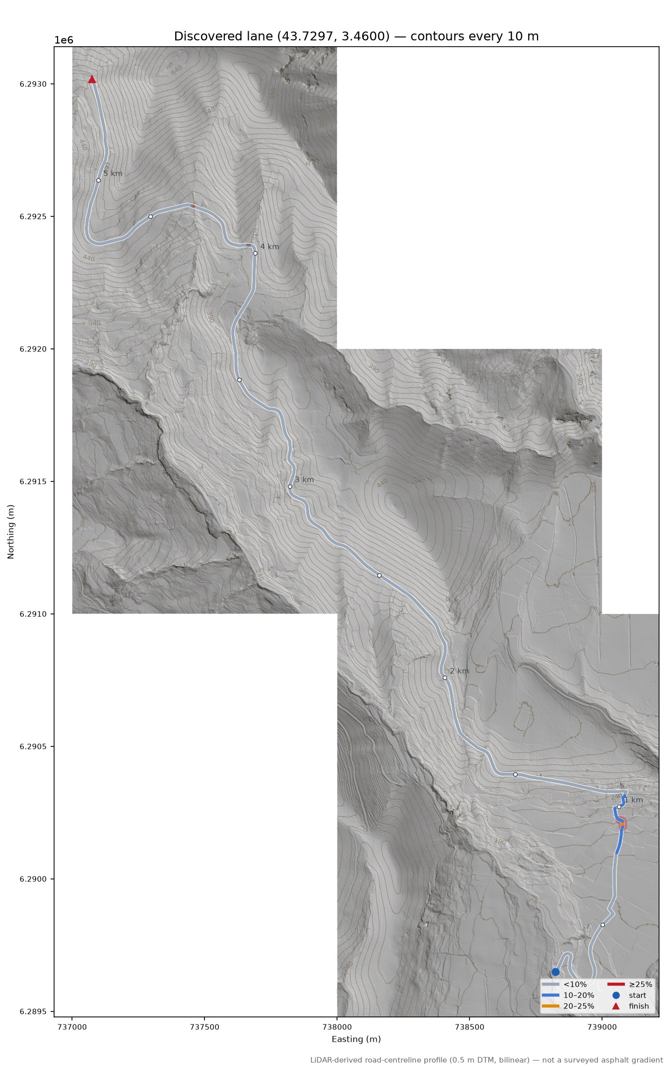 Discovered lane (43.7297, 3.4600) LiDAR hillshade map with contours