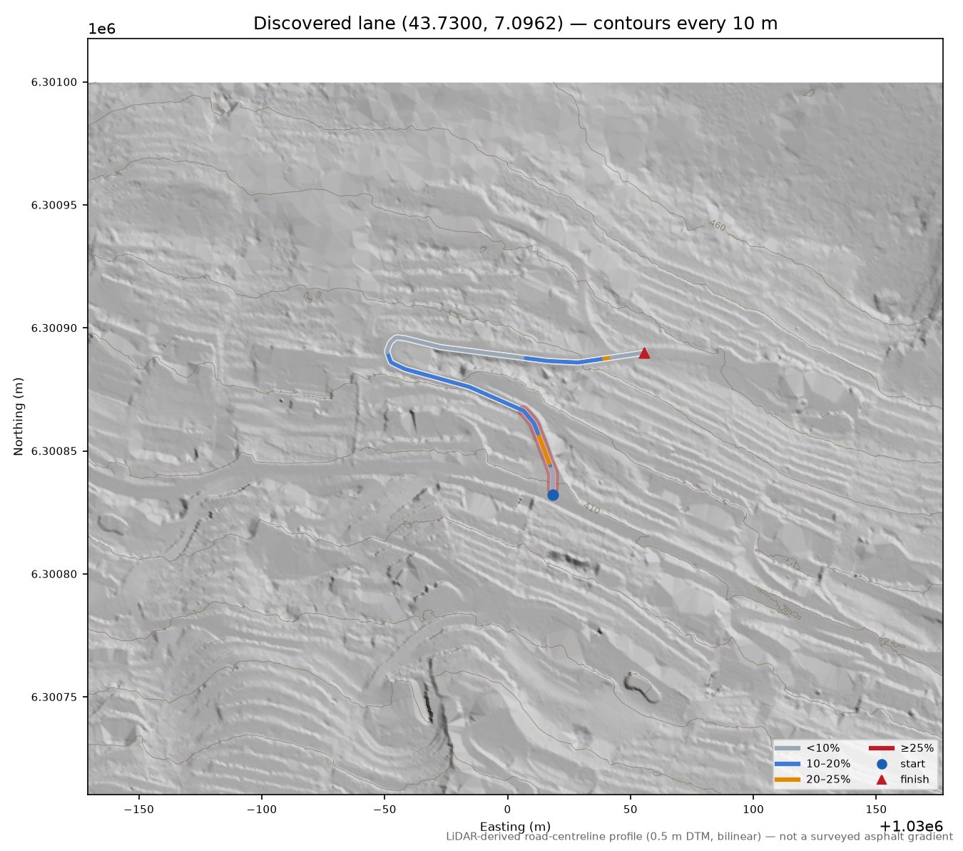 Discovered lane (43.7300, 7.0962) LiDAR hillshade map with contours