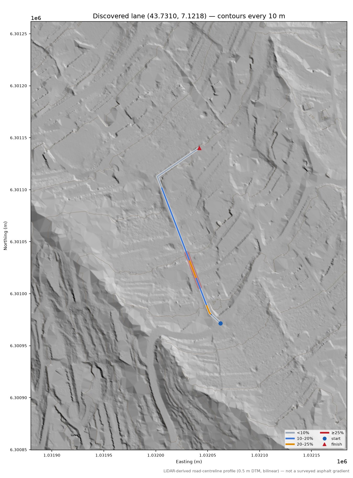 Discovered lane (43.7310, 7.1218) LiDAR hillshade map with contours