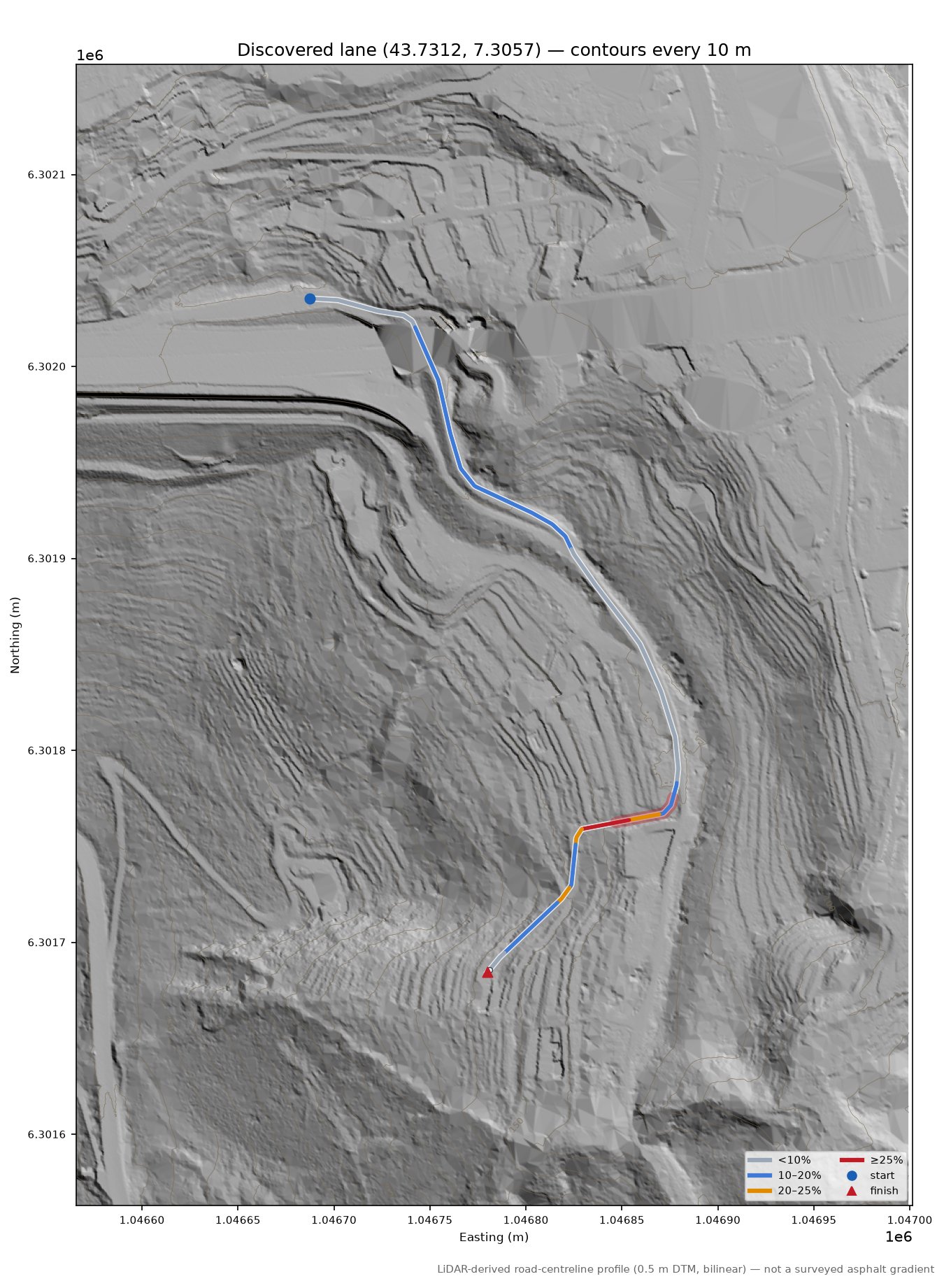 Discovered lane (43.7312, 7.3057) LiDAR hillshade map with contours