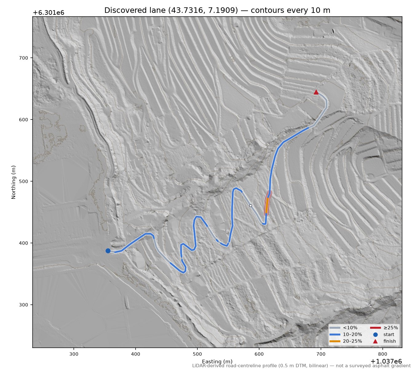 Discovered lane (43.7316, 7.1909) LiDAR hillshade map with contours