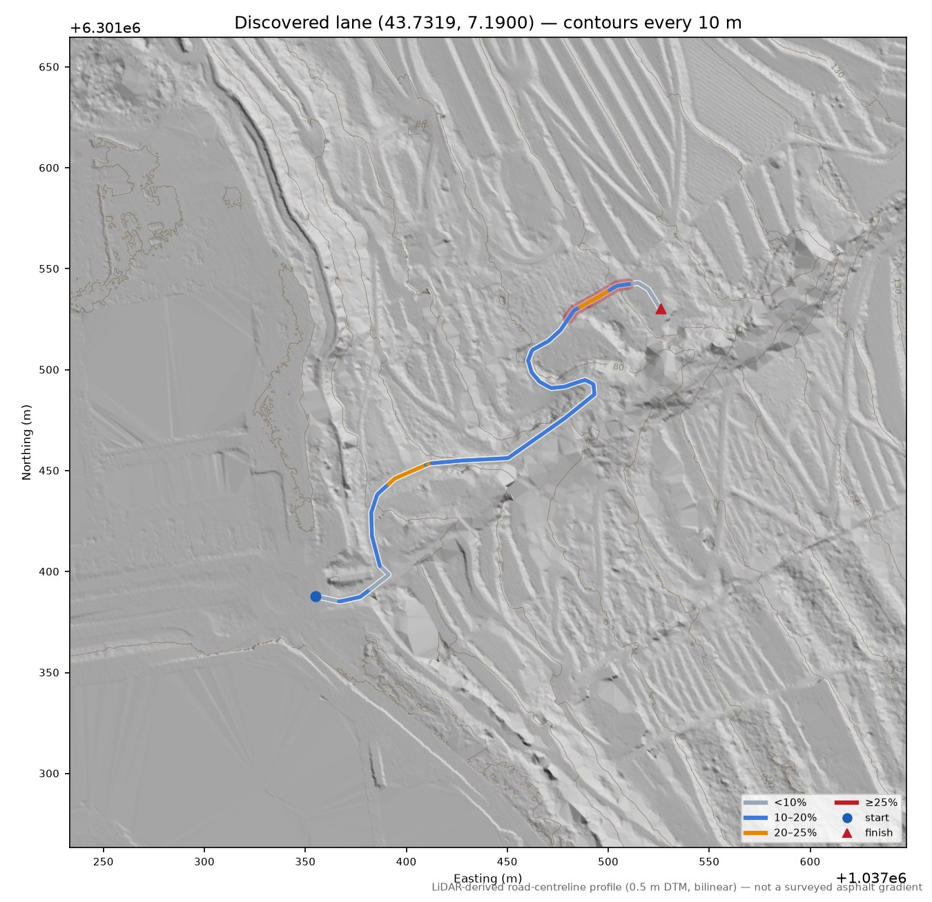 Discovered lane (43.7319, 7.1900) LiDAR hillshade map with contours