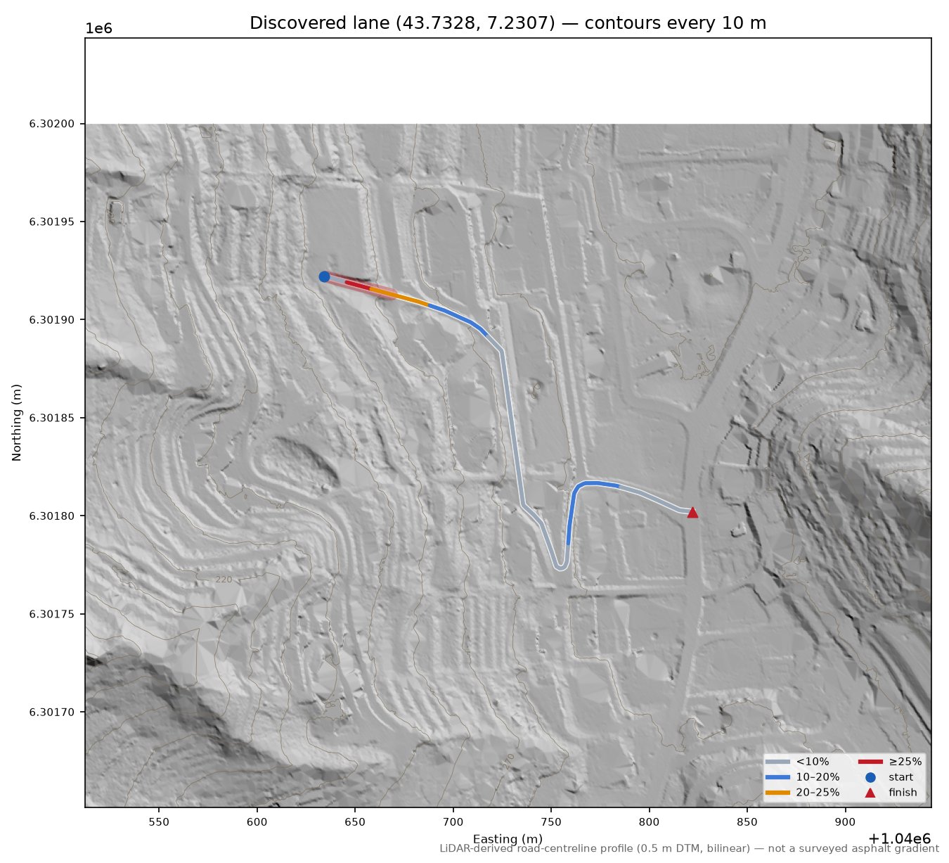 Discovered lane (43.7328, 7.2307) LiDAR hillshade map with contours