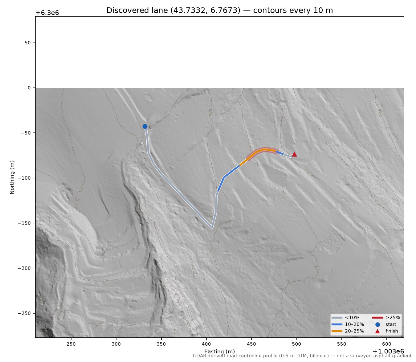 Discovered lane (43.7332, 6.7673) LiDAR hillshade map with contours