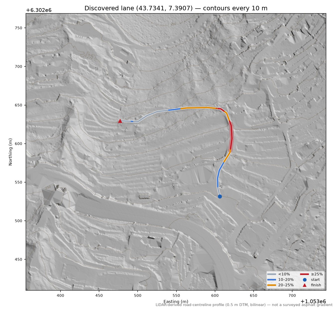 Discovered lane (43.7341, 7.3907) LiDAR hillshade map with contours