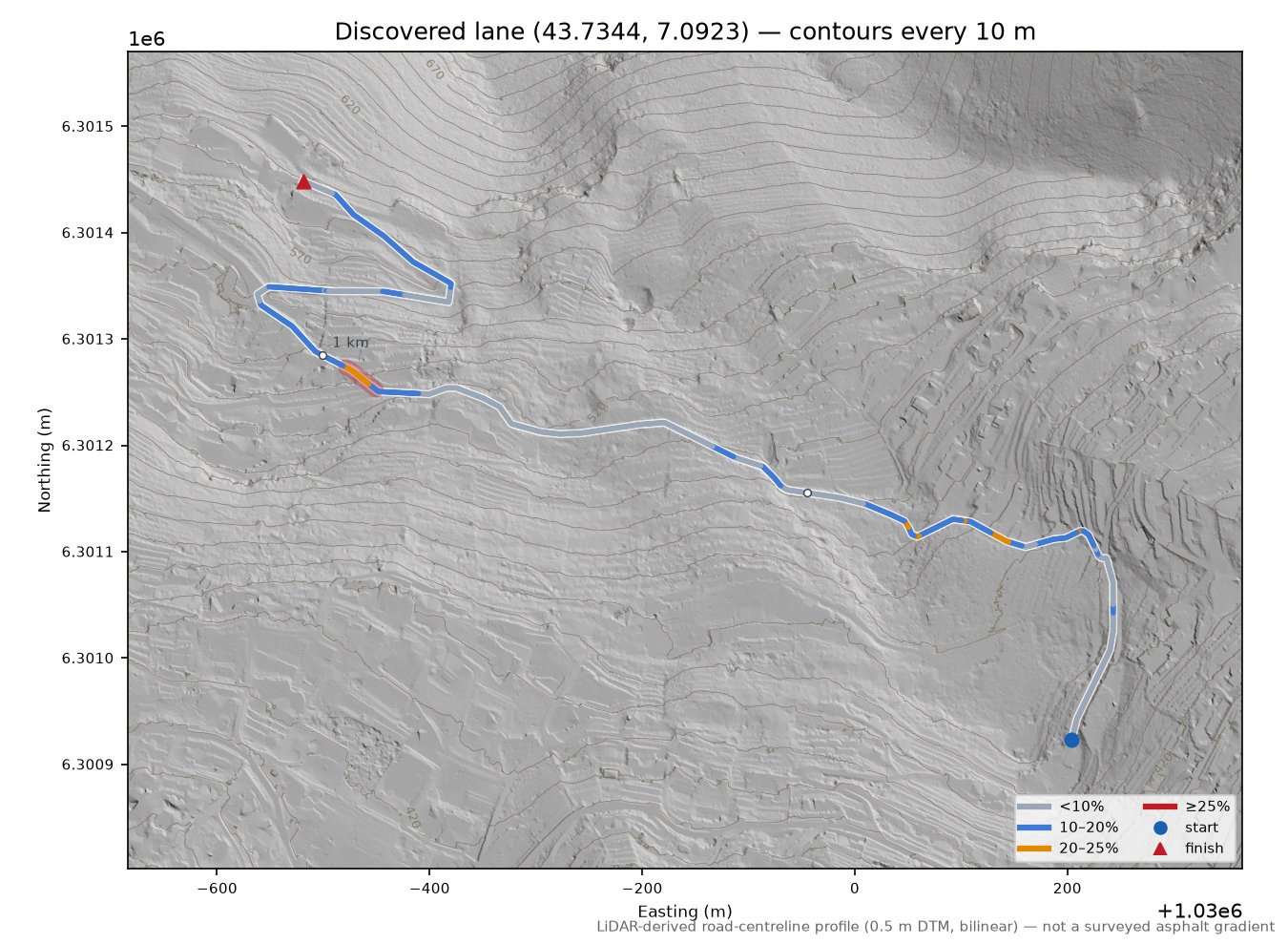 Discovered lane (43.7344, 7.0923) LiDAR hillshade map with contours