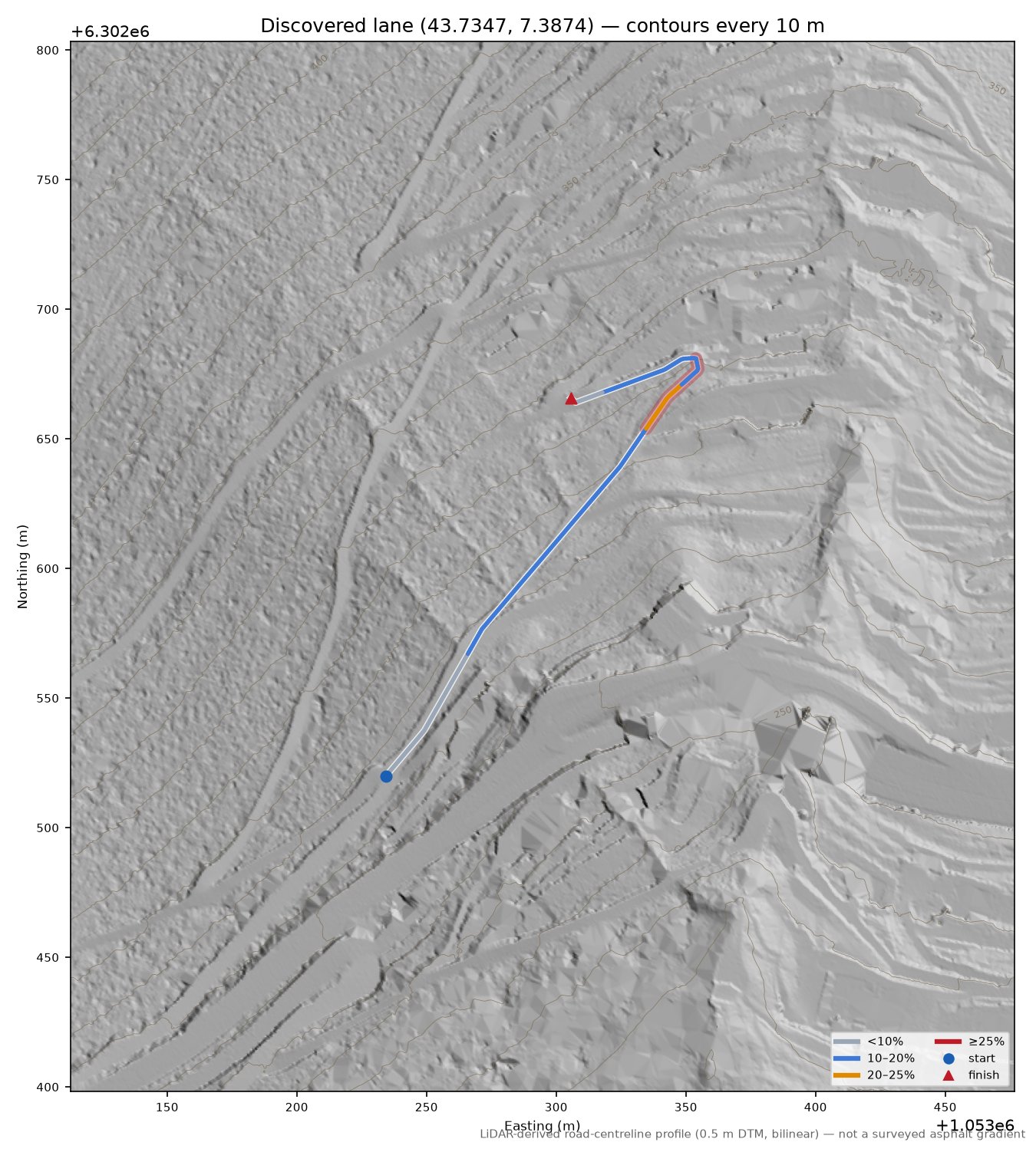 Discovered lane (43.7347, 7.3874) LiDAR hillshade map with contours