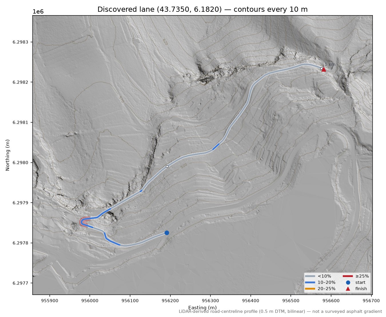 Discovered lane (43.7350, 6.1820) LiDAR hillshade map with contours