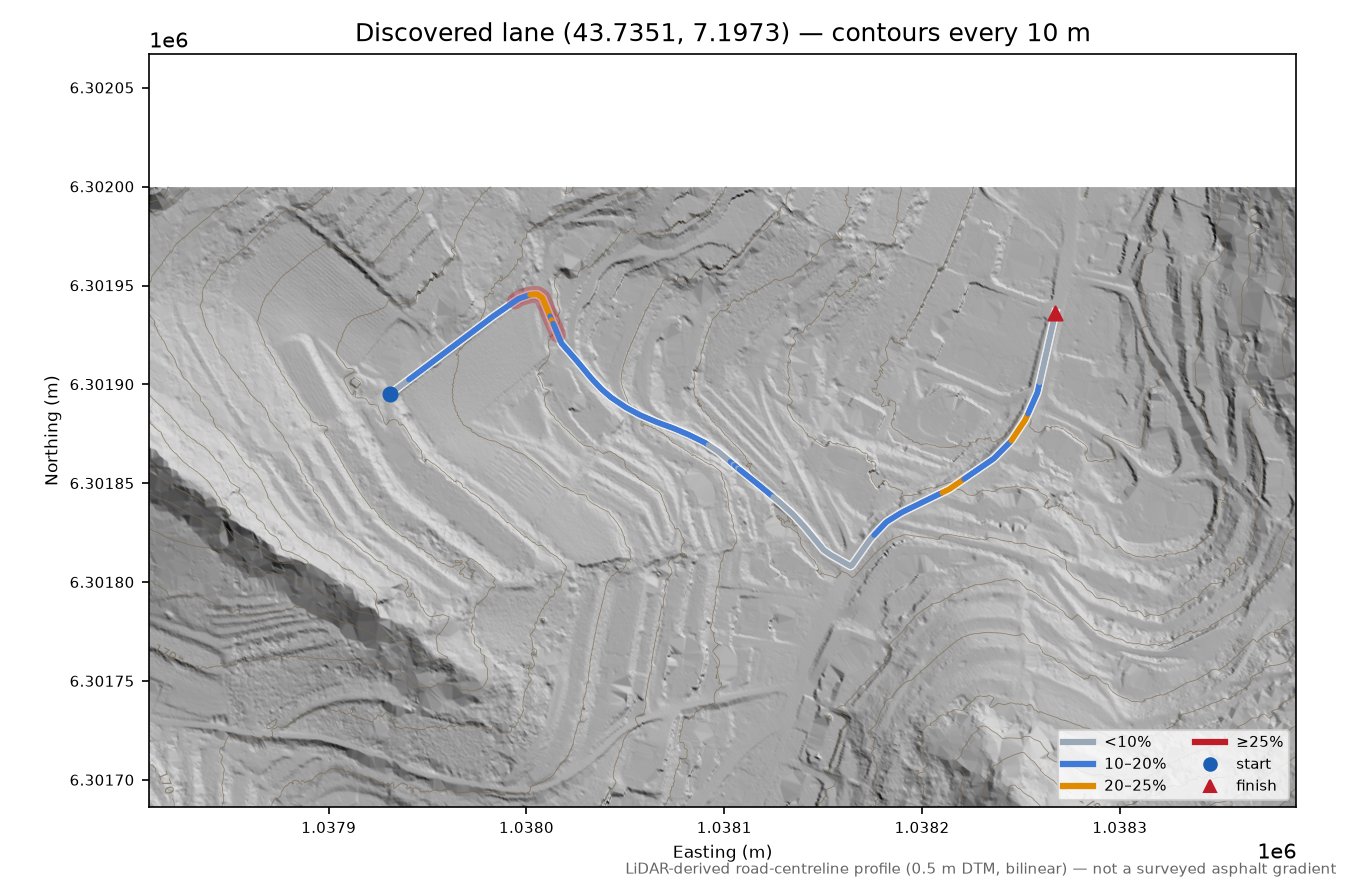 Discovered lane (43.7351, 7.1973) LiDAR hillshade map with contours