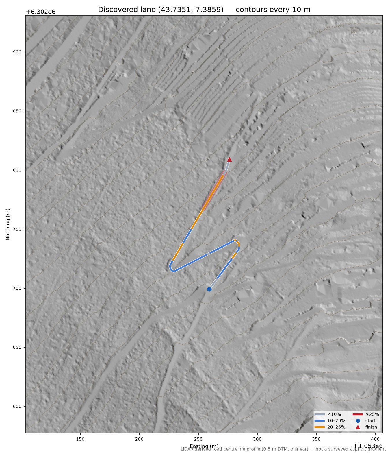 Discovered lane (43.7351, 7.3859) LiDAR hillshade map with contours