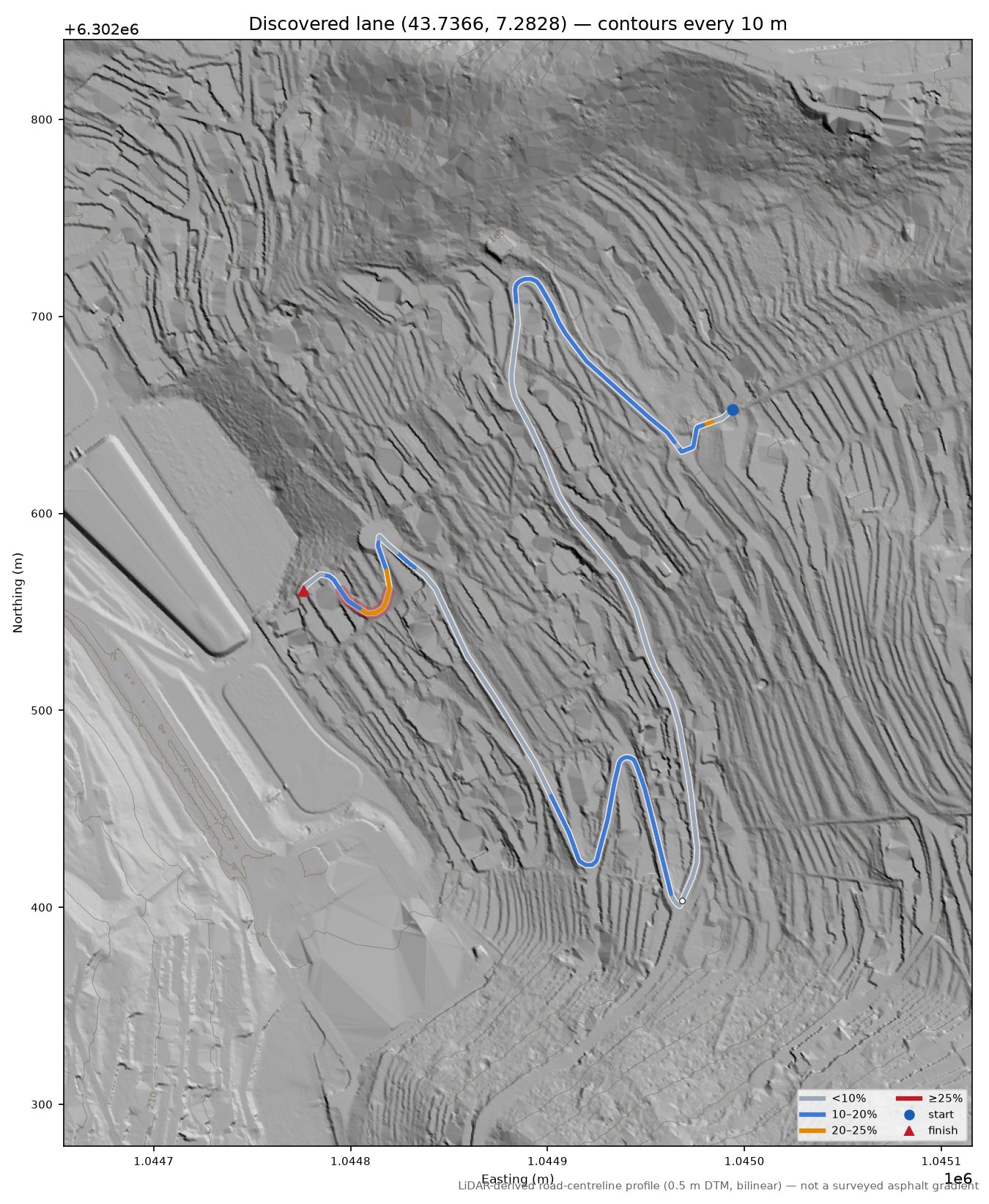 Discovered lane (43.7366, 7.2828) LiDAR hillshade map with contours
