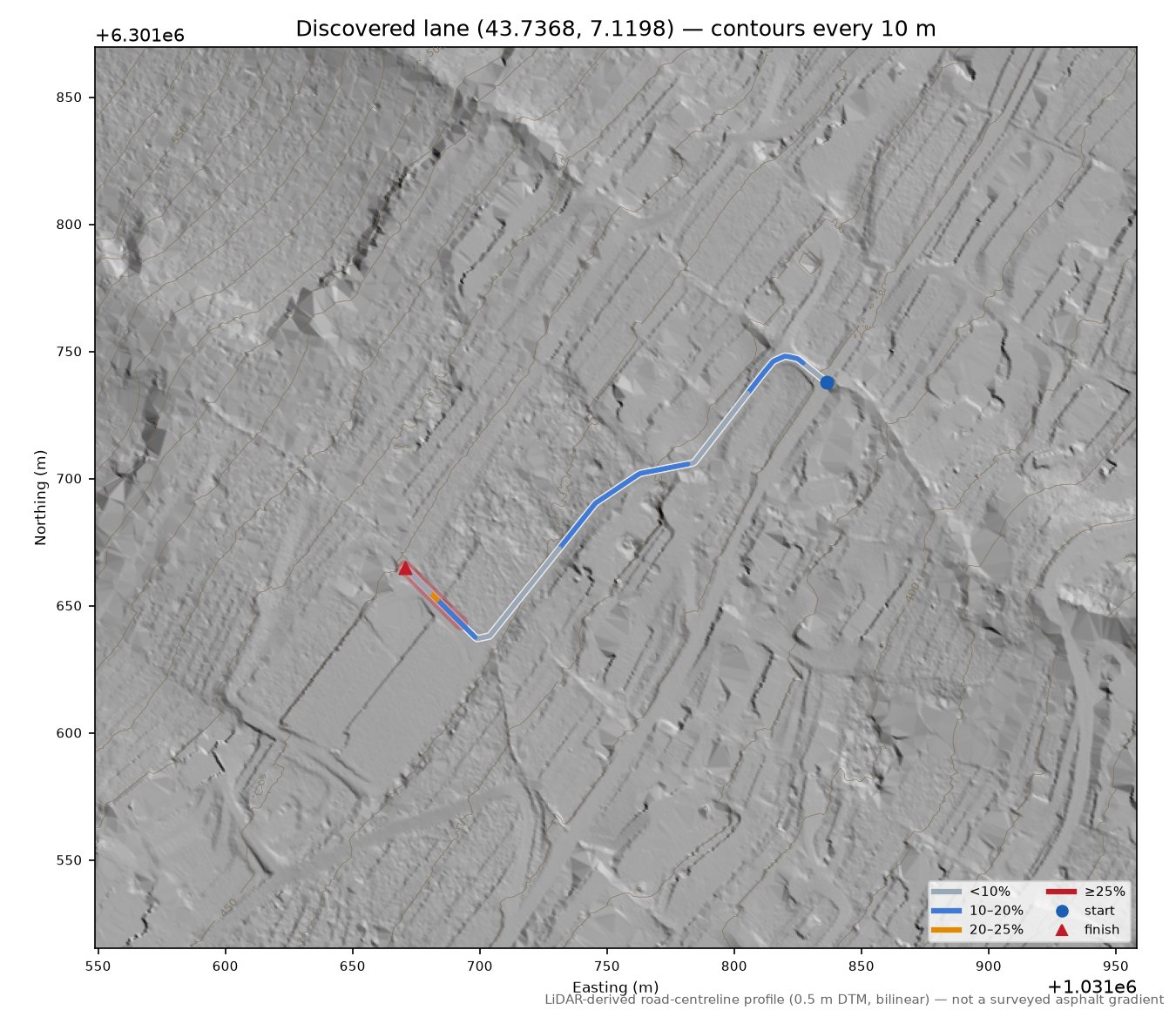 Discovered lane (43.7368, 7.1198) LiDAR hillshade map with contours