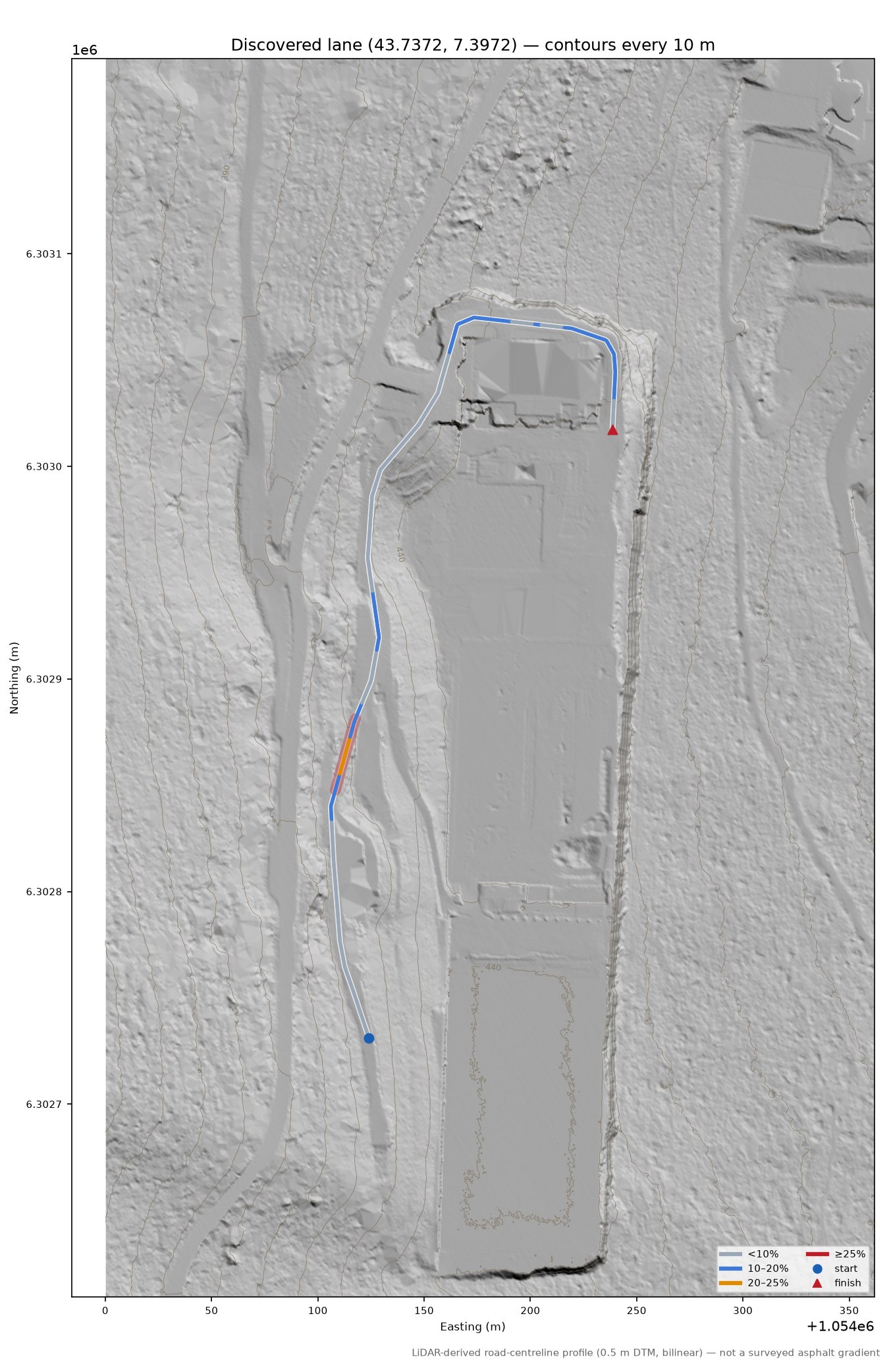 Discovered lane (43.7372, 7.3972) LiDAR hillshade map with contours