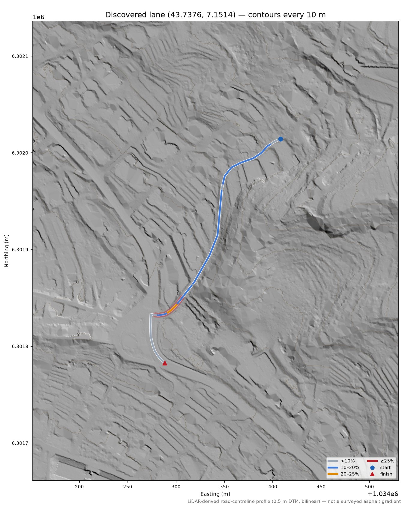 Discovered lane (43.7376, 7.1514) LiDAR hillshade map with contours