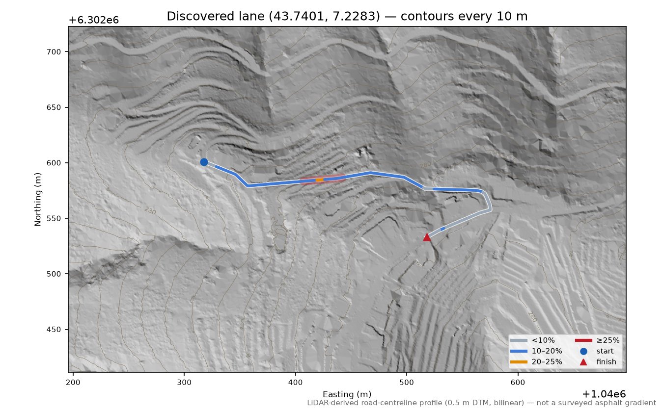 Discovered lane (43.7401, 7.2283) LiDAR hillshade map with contours