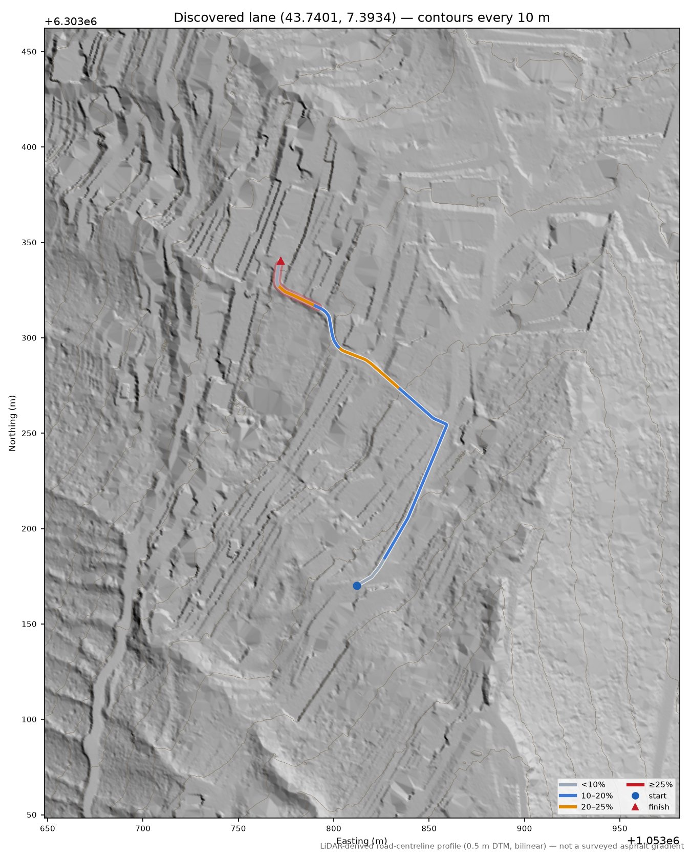 Discovered lane (43.7401, 7.3934) LiDAR hillshade map with contours