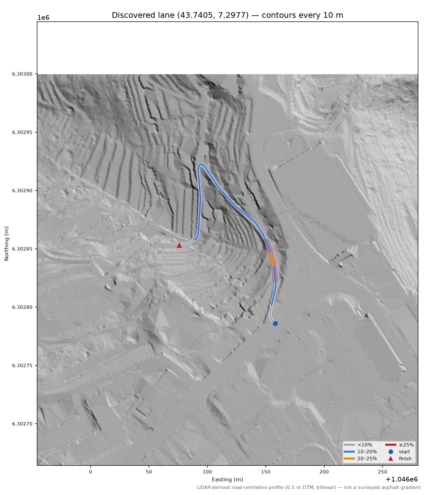 Discovered lane (43.7405, 7.2977) LiDAR hillshade map with contours