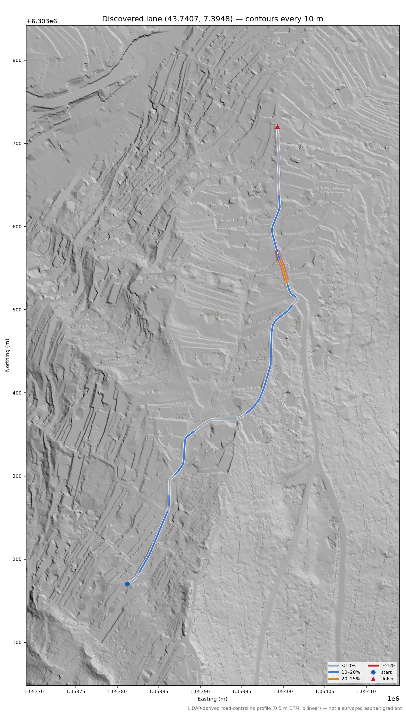 Discovered lane (43.7407, 7.3948) LiDAR hillshade map with contours