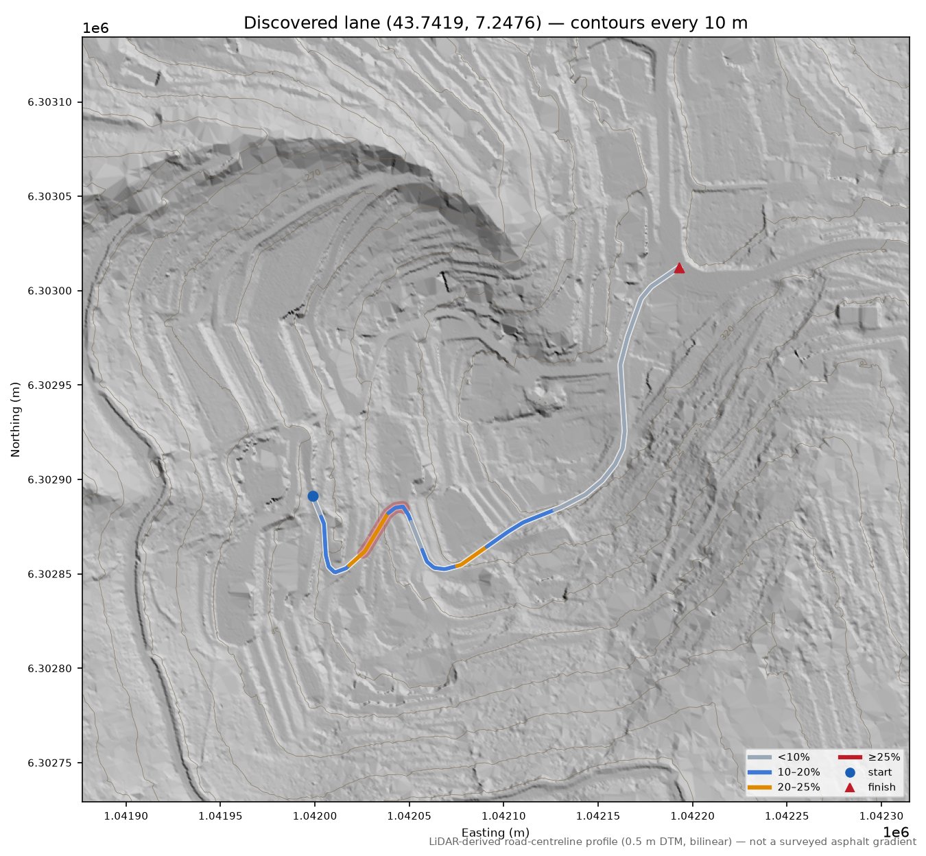 Discovered lane (43.7419, 7.2476) LiDAR hillshade map with contours