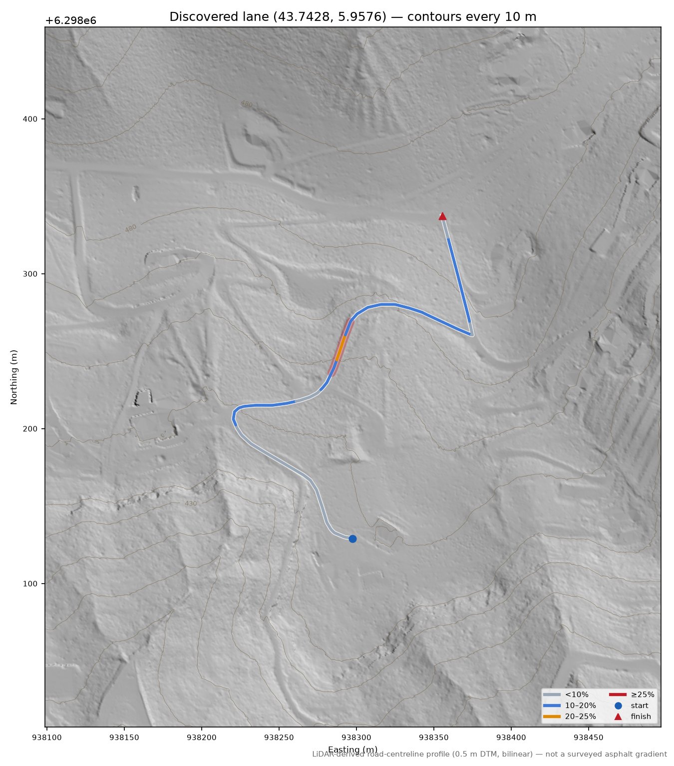Discovered lane (43.7428, 5.9576) LiDAR hillshade map with contours