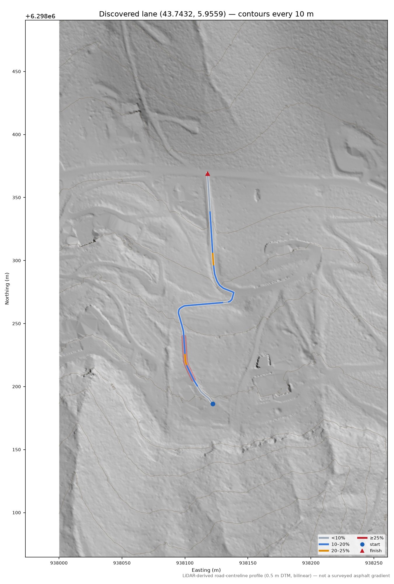 Discovered lane (43.7432, 5.9559) LiDAR hillshade map with contours