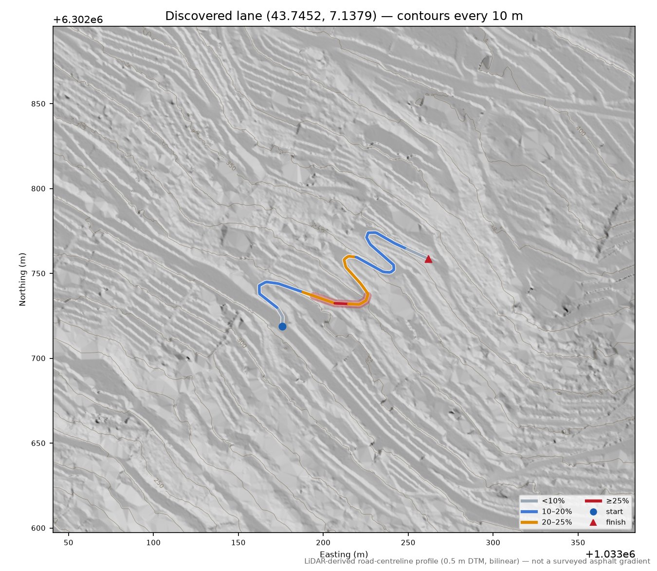 Discovered lane (43.7452, 7.1379) LiDAR hillshade map with contours