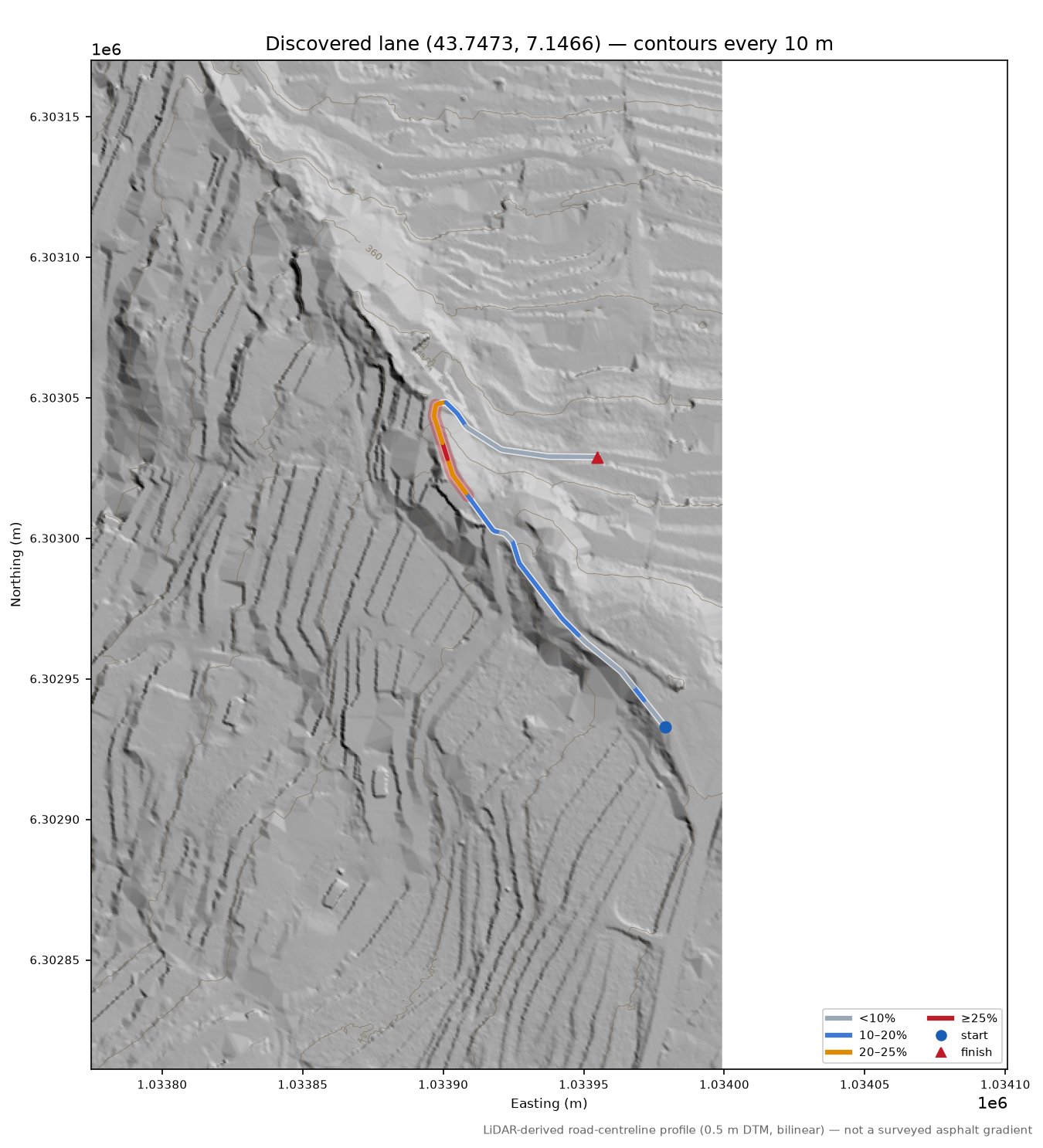 Discovered lane (43.7473, 7.1466) LiDAR hillshade map with contours